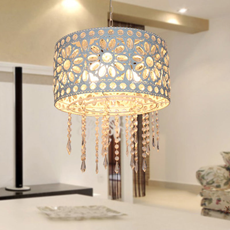 Drum Restaurant Chandelier Lighting Art Deco Metal 3 Bulbs White/Black Pendant Light Fixture with Crystal Accent Clearhalo 'Ceiling Lights' 'Chandeliers' Lighting' options 392943