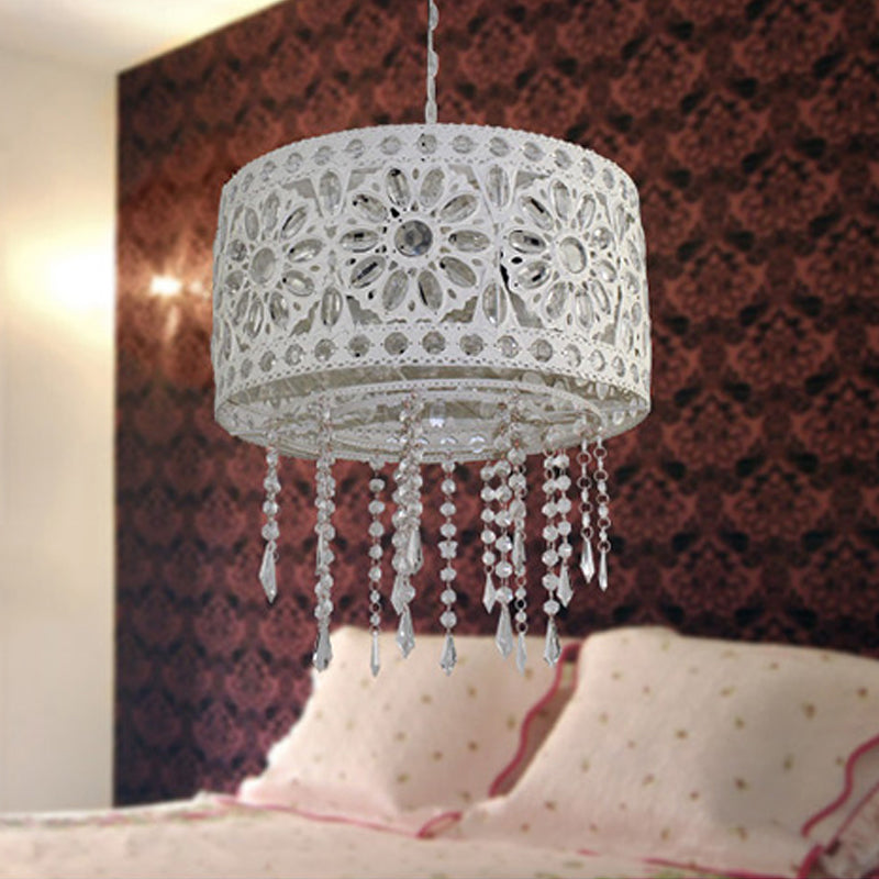 Drum Restaurant Chandelier Lighting Art Deco Metal 3 Bulbs White/Black Pendant Light Fixture with Crystal Accent Clearhalo 'Ceiling Lights' 'Chandeliers' Lighting' options 392944