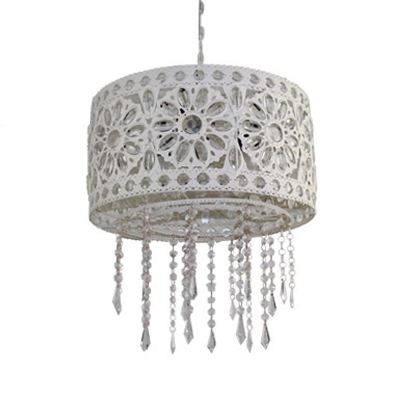 Drum Restaurant Chandelier Lighting Art Deco Metal 3 Bulbs White/Black Pendant Light Fixture with Crystal Accent Clearhalo 'Ceiling Lights' 'Chandeliers' Lighting' options 392945