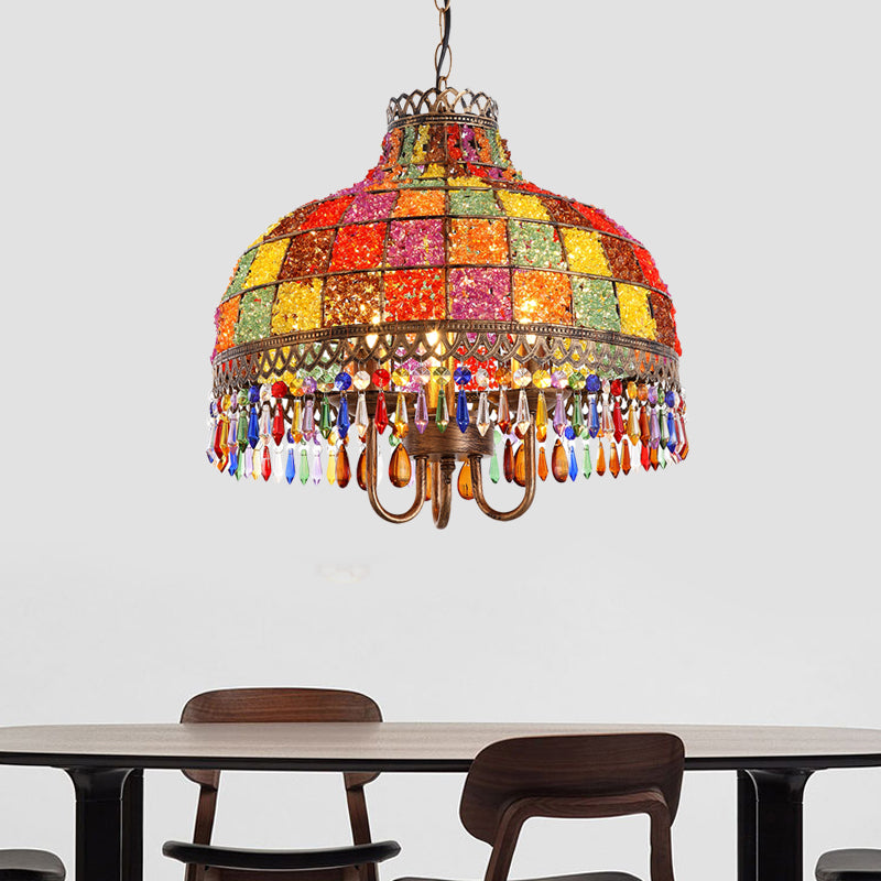 Bohemian Bowl Chandelier Lighting Fixture 3 Heads Metal Ceiling Pendant Light in White/Red/Yellow with Crystal Draping Clearhalo 'Ceiling Lights' 'Chandeliers' Lighting' options 392960