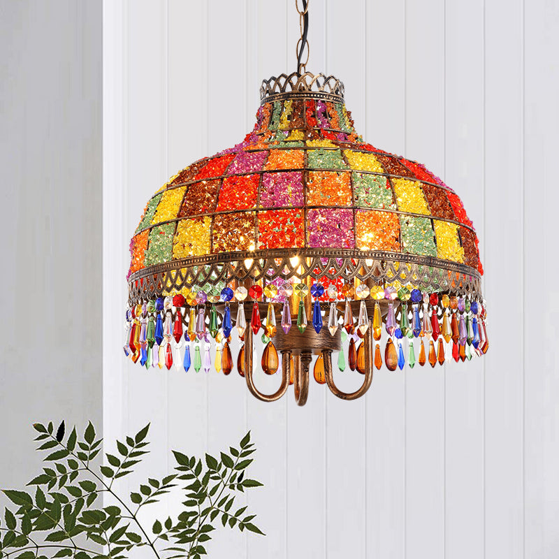 Bohemian Bowl Chandelier Lighting Fixture 3 Heads Metal Ceiling Pendant Light in White/Red/Yellow with Crystal Draping Clearhalo 'Ceiling Lights' 'Chandeliers' Lighting' options 392961