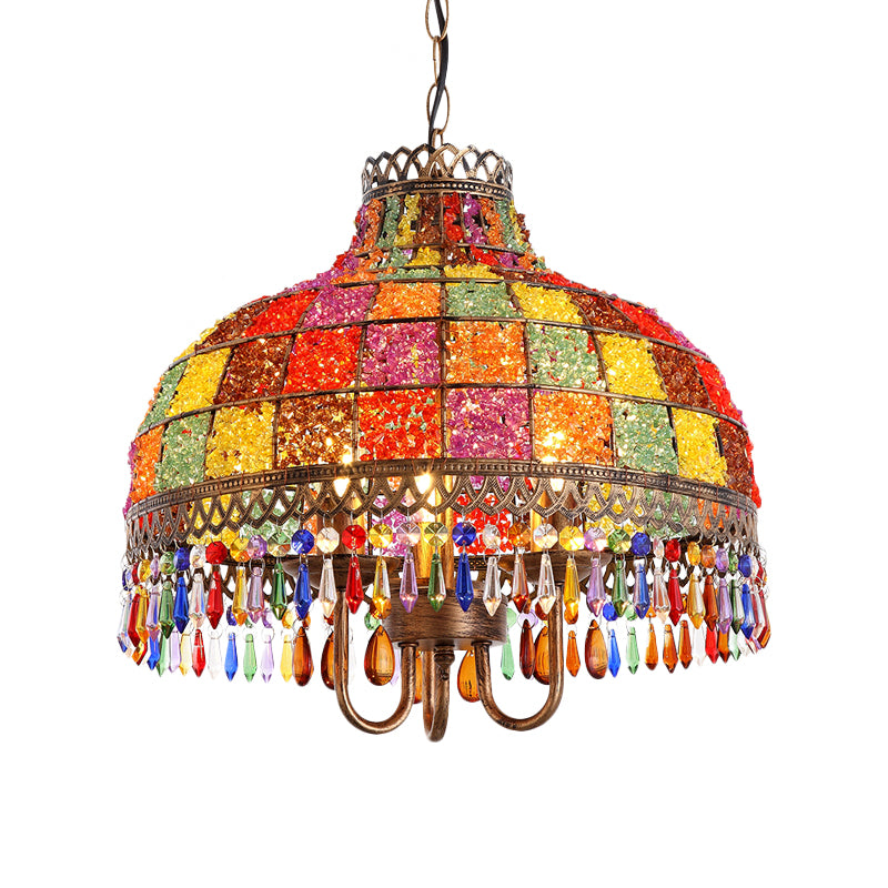 Bohemian Bowl Chandelier Lighting Fixture 3 Heads Metal Ceiling Pendant Light in White/Red/Yellow with Crystal Draping Clearhalo 'Ceiling Lights' 'Chandeliers' Lighting' options 392963