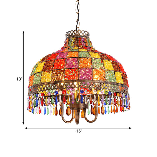 Bohemian Bowl Chandelier Lighting Fixture 3 Heads Metal Ceiling Pendant Light in White/Red/Yellow with Crystal Draping Clearhalo 'Ceiling Lights' 'Chandeliers' Lighting' options 392964