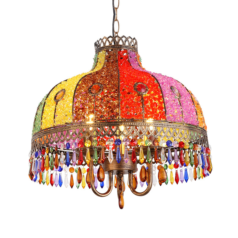 Bohemian Bowl Chandelier Lighting Fixture 3 Heads Metal Ceiling Pendant Light in White/Red/Yellow with Crystal Draping Clearhalo 'Ceiling Lights' 'Chandeliers' Lighting' options 392965