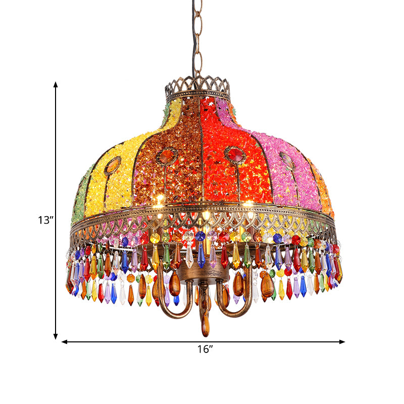 Bohemian Bowl Chandelier Lighting Fixture 3 Heads Metal Ceiling Pendant Light in White/Red/Yellow with Crystal Draping Clearhalo 'Ceiling Lights' 'Chandeliers' Lighting' options 392966