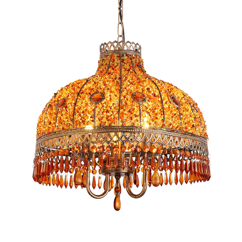 Bohemian Bowl Chandelier Lighting Fixture 3 Heads Metal Ceiling Pendant Light in White/Red/Yellow with Crystal Draping Yellow Clearhalo 'Ceiling Lights' 'Chandeliers' Lighting' options 392967_a90da6a8-0667-41f8-9780-80f47ec97f00
