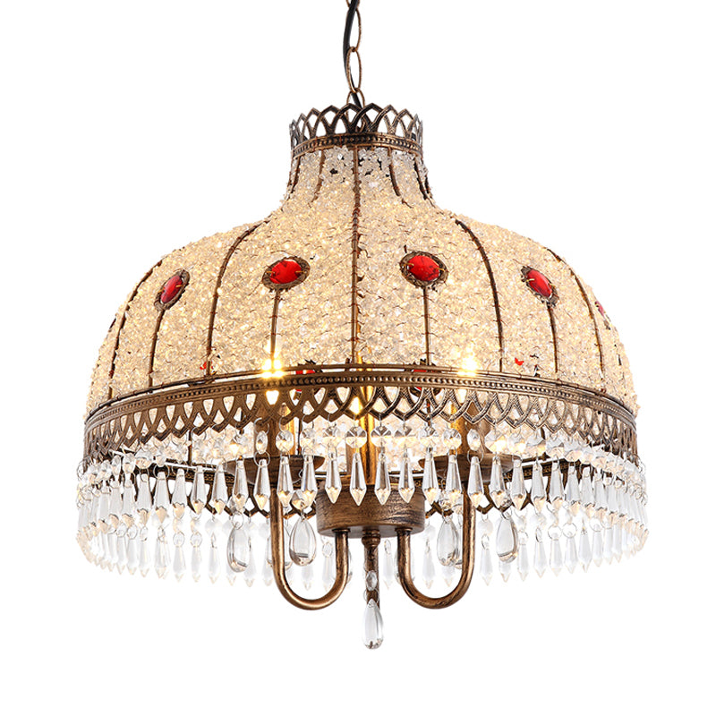 Bohemian Bowl Chandelier Lighting Fixture 3 Heads Metal Ceiling Pendant Light in White/Red/Yellow with Crystal Draping Clearhalo 'Ceiling Lights' 'Chandeliers' Lighting' options 392969