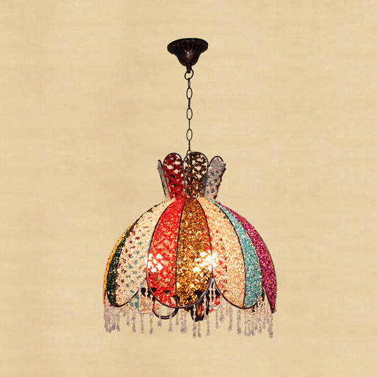 Bohemian Scalloped Pendant Chandelier 3 Heads Metal Hanging Ceiling Light in White/Red/Yellow with Dangling Crystal Clearhalo 'Ceiling Lights' 'Chandeliers' Lighting' options 393019