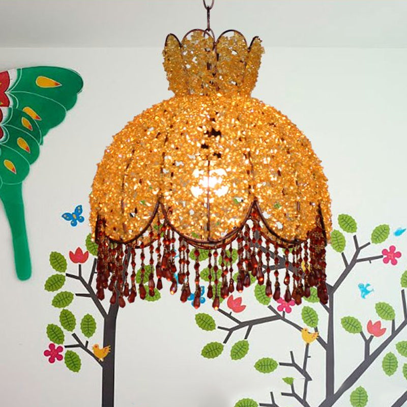 Bohemian Scalloped Pendant Chandelier 3 Heads Metal Hanging Ceiling Light in White/Red/Yellow with Dangling Crystal Yellow Clearhalo 'Ceiling Lights' 'Chandeliers' Lighting' options 393021_a964c25d-0ba5-4237-9ba2-38e016fb0878