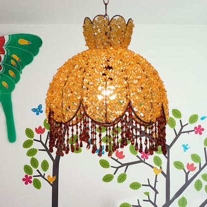 Bohemian Scalloped Pendant Chandelier 3 Heads Metal Hanging Ceiling Light in White/Red/Yellow with Dangling Crystal Yellow Clearhalo 'Ceiling Lights' 'Chandeliers' Lighting' options 393021_a964c25d-0ba5-4237-9ba2-38e016fb0878