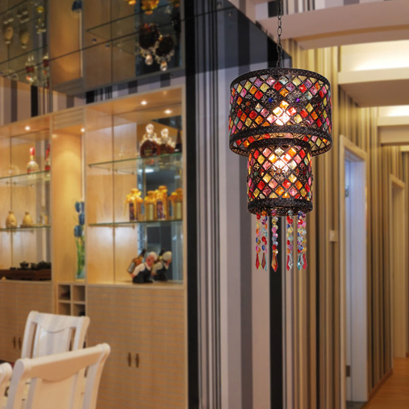 3 Lights Metal Chandelier Light Fixture Antique Black Cylinder/Oval Dining Room Suspension Lighting, 13"/18" Width Clearhalo 'Ceiling Lights' 'Chandeliers' Lighting' options 393029