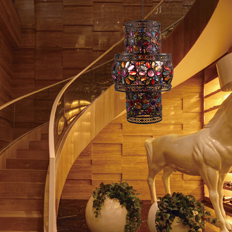 3 Lights Metal Chandelier Light Fixture Antique Black Cylinder/Oval Dining Room Suspension Lighting, 13"/18" Width Clearhalo 'Ceiling Lights' 'Chandeliers' Lighting' options 393033