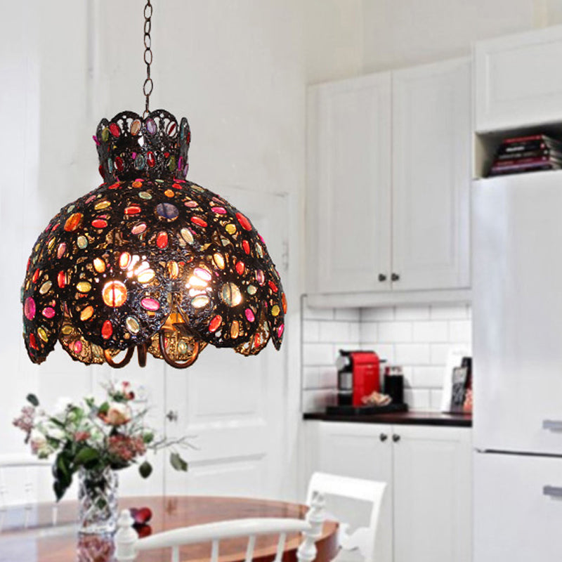 Scalloped Metal Chandelier Lighting Fixture Bohemian 3 Bulbs Living Room Ceiling Light in Black/Purple/Dark Purple Clearhalo 'Ceiling Lights' 'Chandeliers' Lighting' options 393043