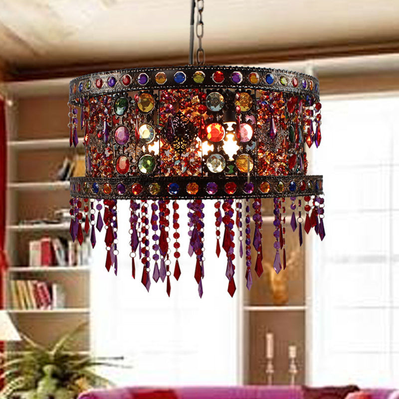 Drum Living Room Ceiling Chandelier Bohemian Metal 3 Lights Bronze Hanging Lamp Kit with Crystal Accent Clearhalo 'Ceiling Lights' 'Chandeliers' Lighting' options 393073