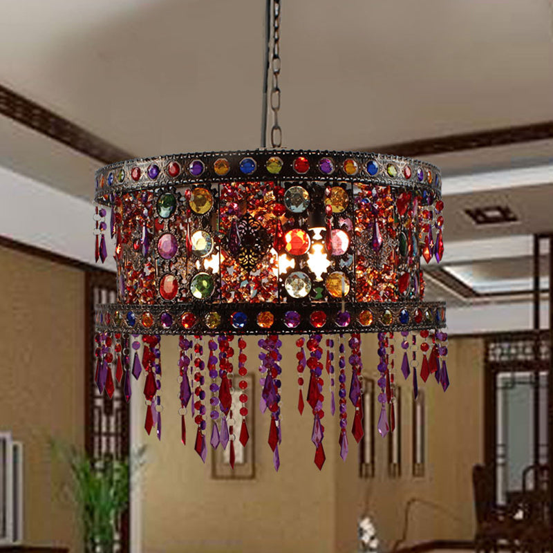 Drum Living Room Ceiling Chandelier Bohemian Metal 3 Lights Bronze Hanging Lamp Kit with Crystal Accent Clearhalo 'Ceiling Lights' 'Chandeliers' Lighting' options 393074
