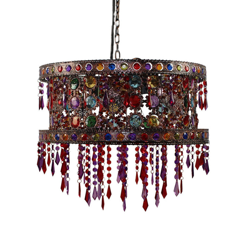 Drum Living Room Ceiling Chandelier Bohemian Metal 3 Lights Bronze Hanging Lamp Kit with Crystal Accent Clearhalo 'Ceiling Lights' 'Chandeliers' Lighting' options 393076