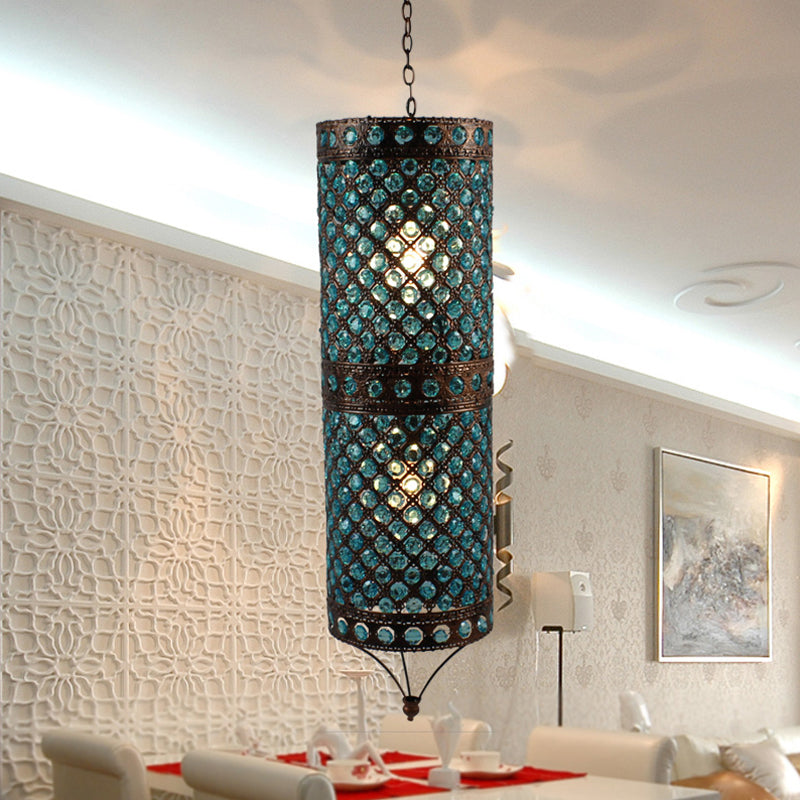 Blue 2 Lights Chandelier Lamp Bohemian Metal Column Suspension Lighting Fixture for Dining Room Clearhalo 'Ceiling Lights' 'Chandeliers' Lighting' options 393079