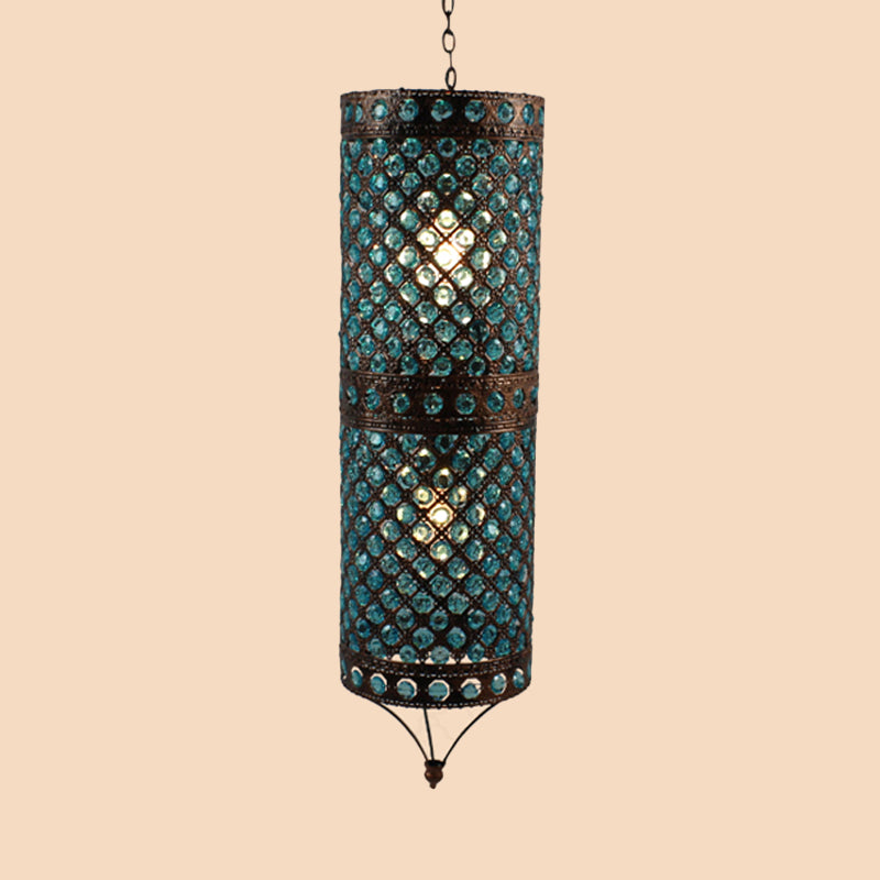 Blue 2 Lights Chandelier Lamp Bohemian Metal Column Suspension Lighting Fixture for Dining Room Clearhalo 'Ceiling Lights' 'Chandeliers' Lighting' options 393081
