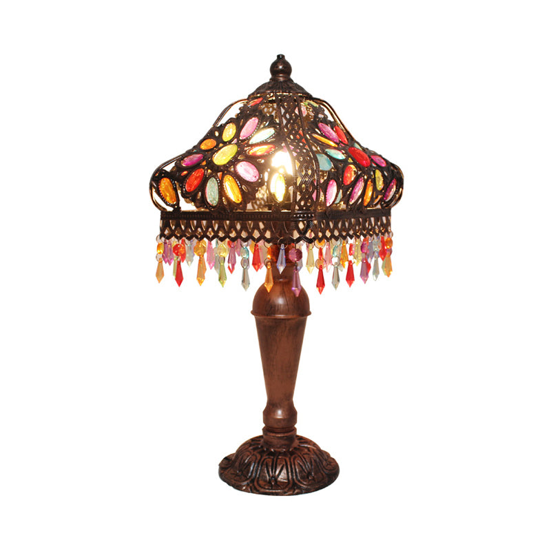 1 Bulb Metal Nightstand Lamp Bohemian Copper Square Living Room Night Lighting with Crystal Draping Clearhalo 'Lamps' 'Table Lamps' Lighting' 393140