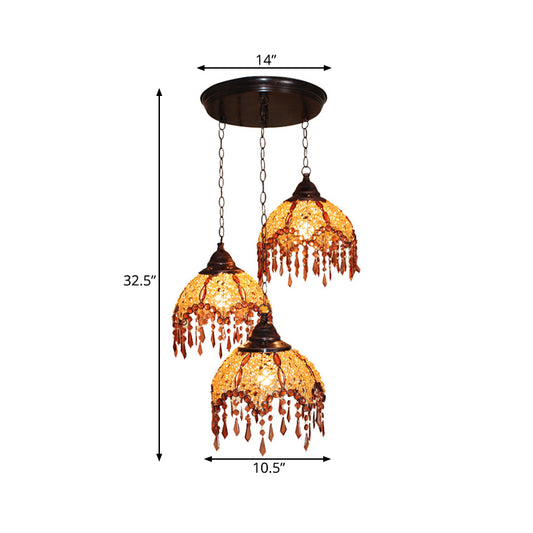 Scalloped Restaurant Cluster Pendant Light Decorative Metal 3 Lights Yellow Hanging Lamp with Crystal Accent Clearhalo 'Ceiling Lights' 'Pendant Lights' 'Pendants' Lighting' 393322