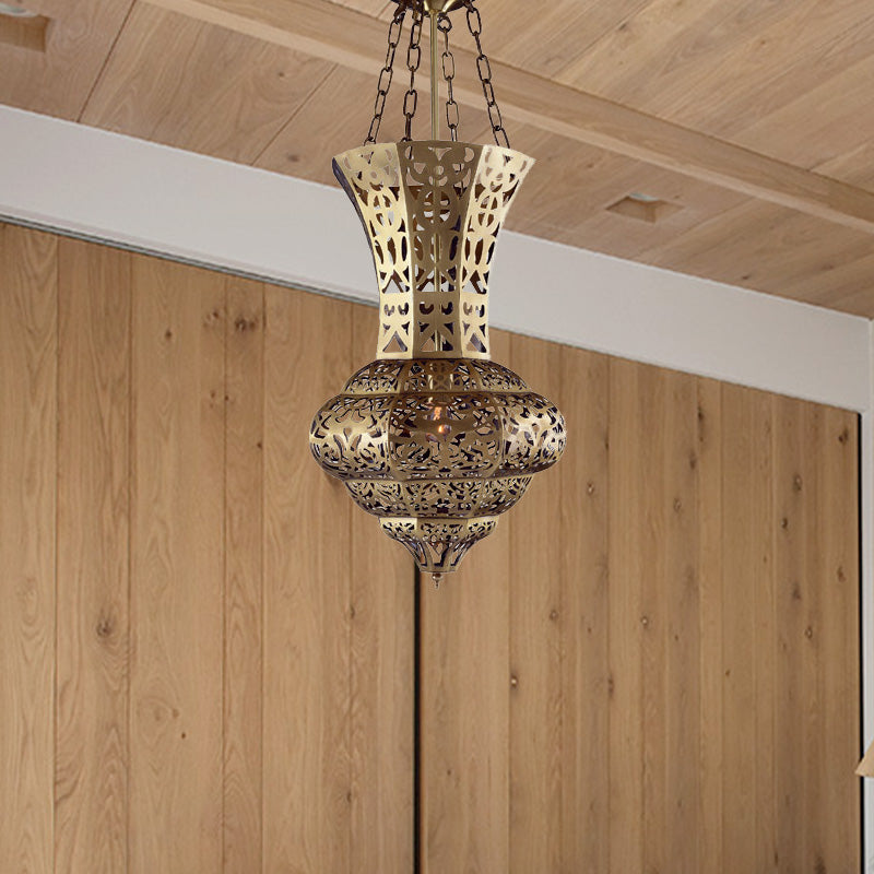Brass 3 Bulbs Semi Flush Lighting Antiqued Metal Vase Shade Flush Mount Ceiling Lamp over Dining Table Brass Clearhalo 'Ceiling Lights' 'Close To Ceiling Lights' 'Close to ceiling' 'Semi-flushmount' Lighting' 393428