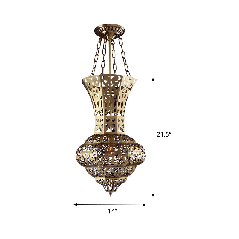Brass 3 Bulbs Semi Flush Lighting Antiqued Metal Vase Shade Flush Mount Ceiling Lamp over Dining Table Clearhalo 'Ceiling Lights' 'Close To Ceiling Lights' 'Close to ceiling' 'Semi-flushmount' Lighting' 393432