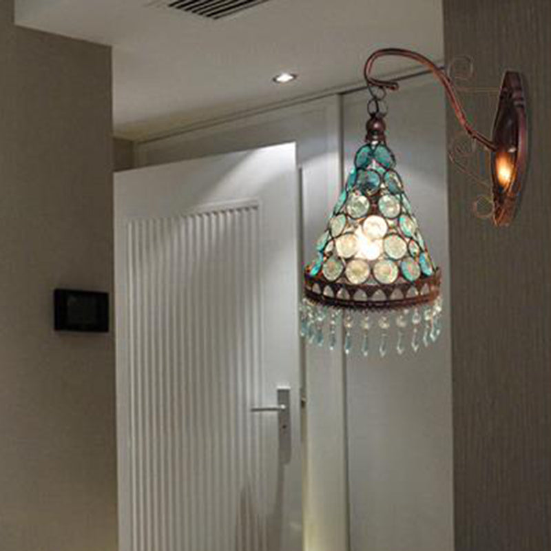 1 Bulb Metal Wall Lamp Art Deco Yellow/Blue/Purple Tapered Dining Room Wall Mounted Lighting with Dangling Glass Blue Clearhalo 'Wall Lamps & Sconces' 'Wall Lights' Lighting' 393786