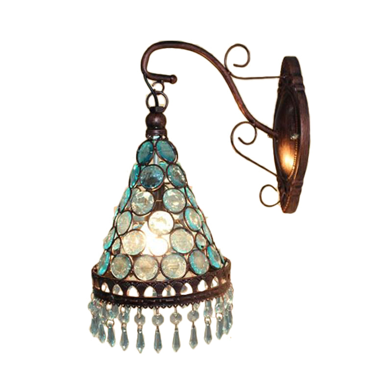 1 Bulb Metal Wall Lamp Art Deco Yellow/Blue/Purple Tapered Dining Room Wall Mounted Lighting with Dangling Glass Clearhalo 'Wall Lamps & Sconces' 'Wall Lights' Lighting' 393788