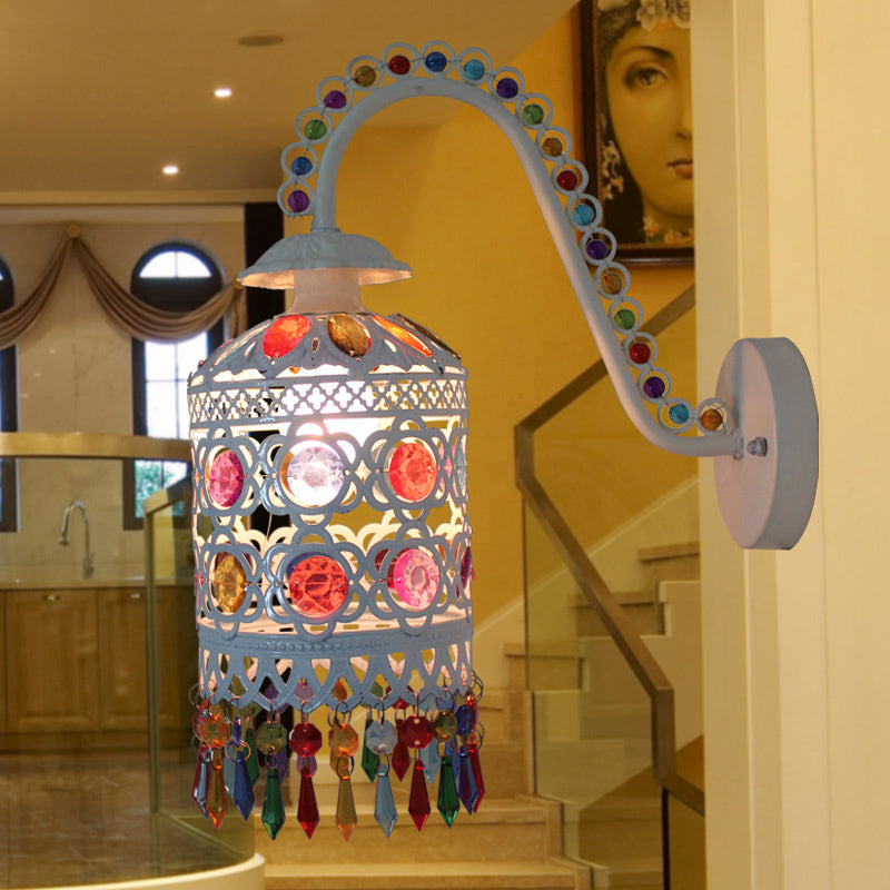 Metal Cylinder Wall Mount Lamp Vintage 1 Light Bedroom Wall Sconce Lighting in White/Copper with Acrylic Decoration White Clearhalo 'Wall Lamps & Sconces' 'Wall Lights' Lighting' 394173