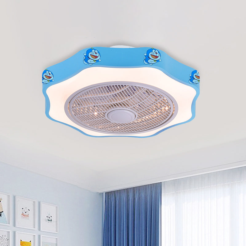 Flower Shape Bedroom Semi Flush Lighting Kids Acrylic Pink/Blue/White 19.5" Wide LED Pendant Ceiling Fan Light Blue A Clearhalo 'Ceiling Fans with Lights' 'Ceiling Fans' 'Kids Ceiling Fans' 'Kids' Lighting' 397862