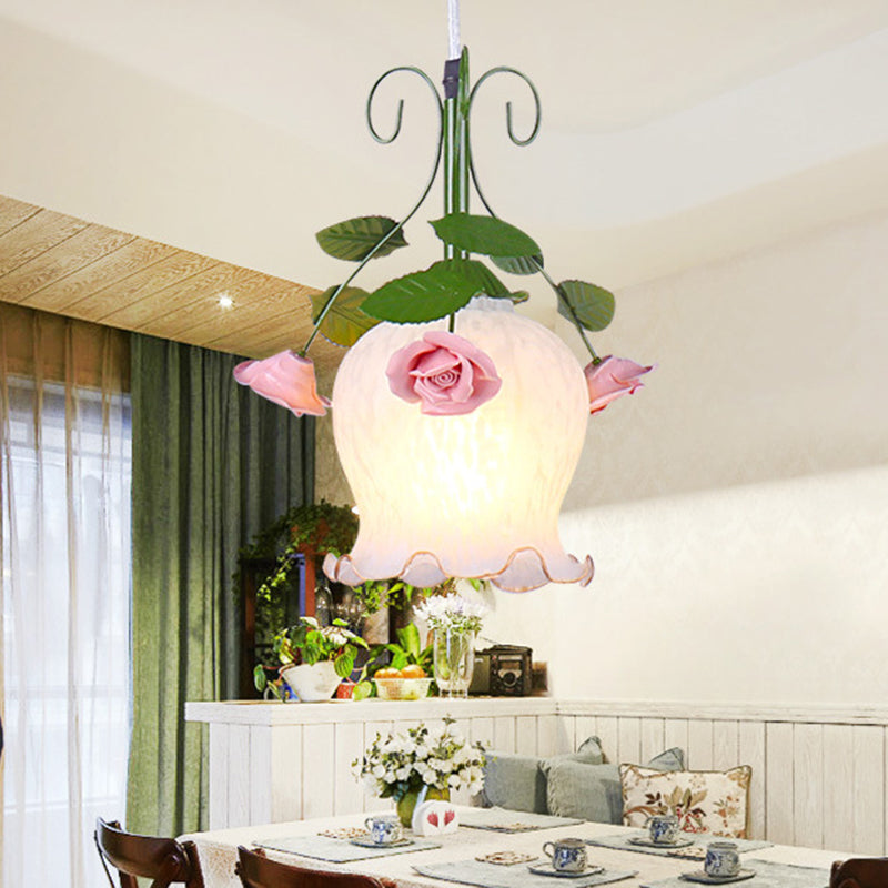 Metal Green Hanging Lamp Flower 1 Light Pastoral Suspension Pendant for Dining Room Clearhalo 'Art Deco Pendants' 'Cast Iron' 'Ceiling Lights' 'Ceramic' 'Crystal' 'Industrial Pendants' 'Industrial' 'Metal' 'Middle Century Pendants' 'Pendant Lights' 'Pendants' 'Tiffany' Lighting' 398098