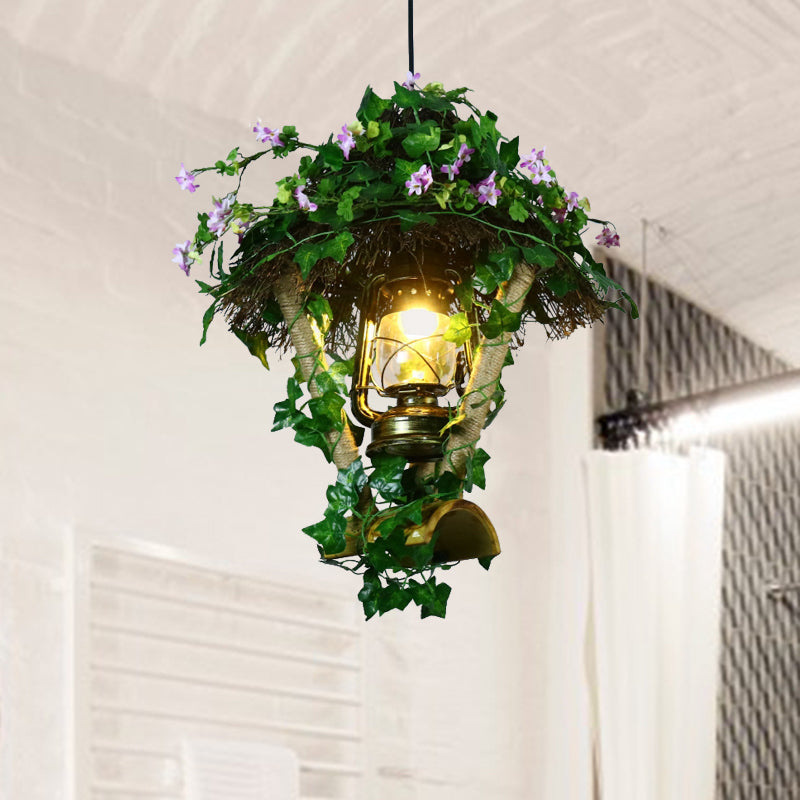 1 Bulb Bamboo Pendant Light Fixture Industrial Green Cylinder/Kerosene Lamp Restaurant LED Plant Hanging Lamp Clearhalo 'Ceiling Lights' 'Industrial Pendants' 'Industrial' 'Middle Century Pendants' 'Pendant Lights' 'Pendants' 'Tiffany' Lighting' 398118