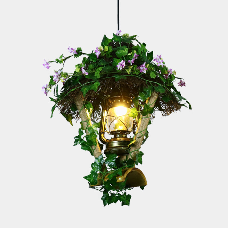 1 Bulb Bamboo Pendant Light Fixture Industrial Green Cylinder/Kerosene Lamp Restaurant LED Plant Hanging Lamp Clearhalo 'Ceiling Lights' 'Industrial Pendants' 'Industrial' 'Middle Century Pendants' 'Pendant Lights' 'Pendants' 'Tiffany' Lighting' 398120