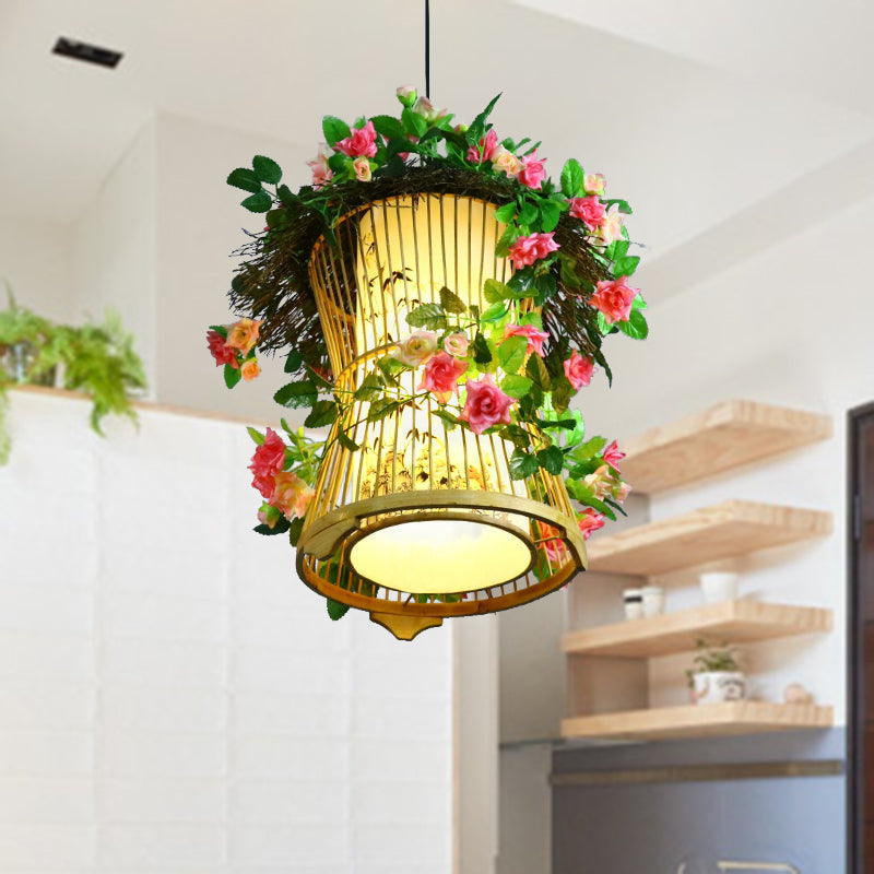 1 Bulb Bamboo Pendant Light Fixture Industrial Green Cylinder/Kerosene Lamp Restaurant LED Plant Hanging Lamp Green B Clearhalo 'Ceiling Lights' 'Industrial Pendants' 'Industrial' 'Middle Century Pendants' 'Pendant Lights' 'Pendants' 'Tiffany' Lighting' 398122