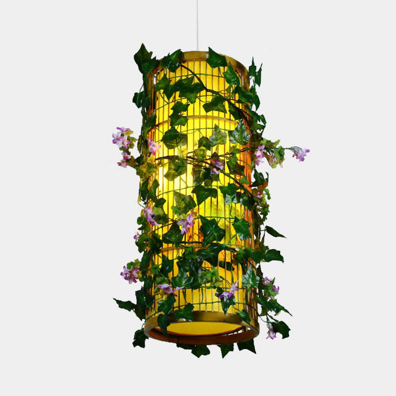 Green Cylinder/Cone/Oval Pendant Lighting Industrial Bamboo 1 Head Restaurant LED Hanging Light with Plant, 8"/14"/19" W Clearhalo 'Ceiling Lights' 'Industrial Pendants' 'Industrial' 'Middle Century Pendants' 'Pendant Lights' 'Pendants' 'Tiffany' Lighting' 398129
