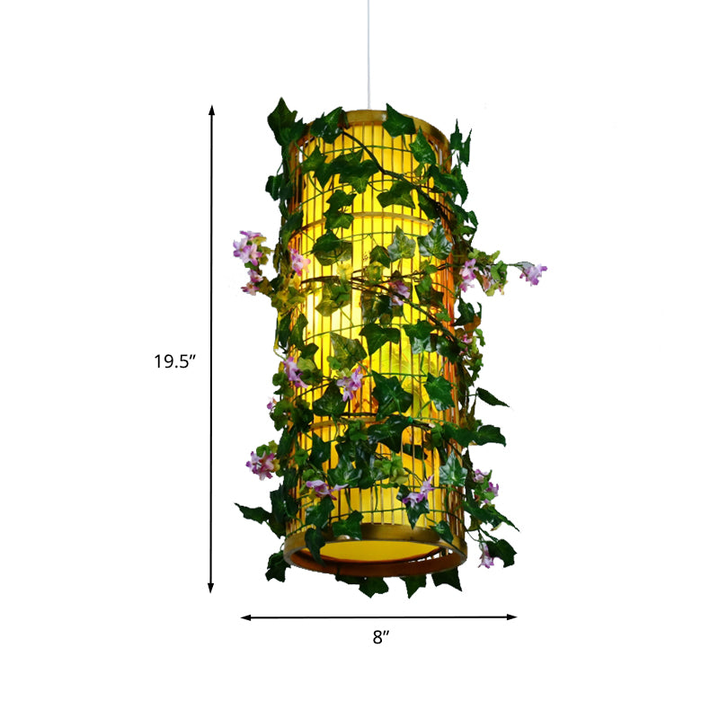 Green Cylinder/Cone/Oval Pendant Lighting Industrial Bamboo 1 Head Restaurant LED Hanging Light with Plant, 8"/14"/19" W Clearhalo 'Ceiling Lights' 'Industrial Pendants' 'Industrial' 'Middle Century Pendants' 'Pendant Lights' 'Pendants' 'Tiffany' Lighting' 398130