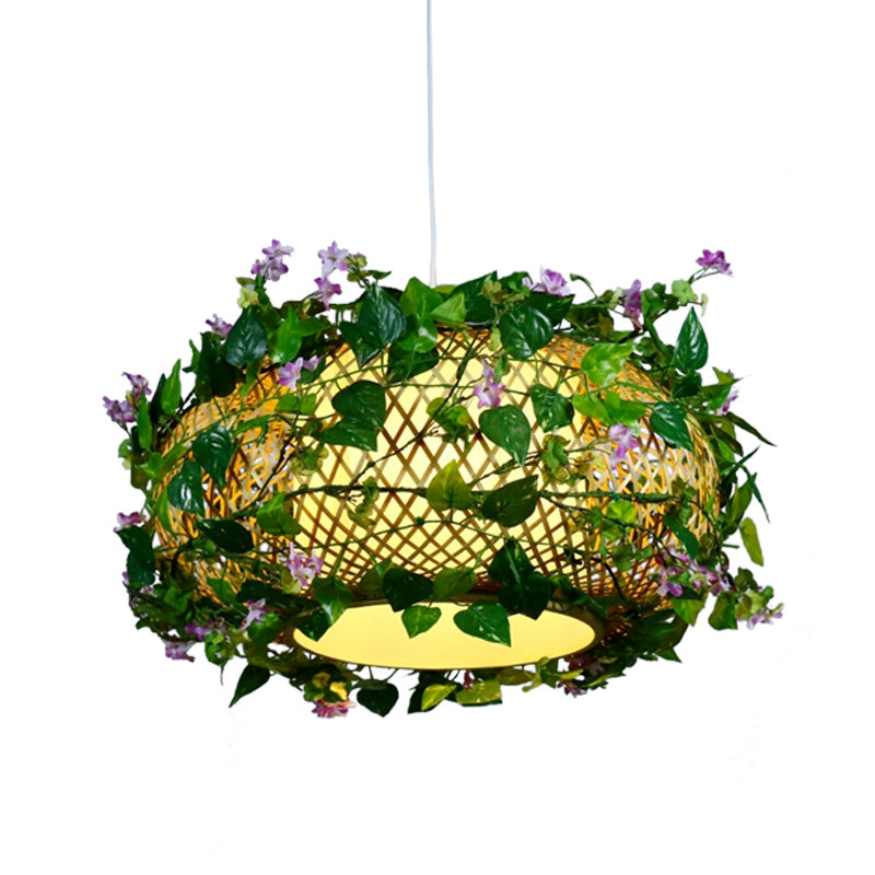 Green Cylinder/Cone/Oval Pendant Lighting Industrial Bamboo 1 Head Restaurant LED Hanging Light with Plant, 8"/14"/19" W Clearhalo 'Ceiling Lights' 'Industrial Pendants' 'Industrial' 'Middle Century Pendants' 'Pendant Lights' 'Pendants' 'Tiffany' Lighting' 398133