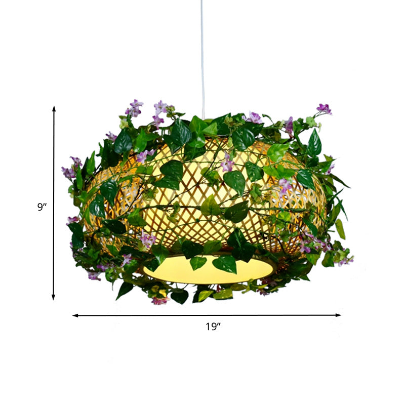 Green Cylinder/Cone/Oval Pendant Lighting Industrial Bamboo 1 Head Restaurant LED Hanging Light with Plant, 8"/14"/19" W Clearhalo 'Ceiling Lights' 'Industrial Pendants' 'Industrial' 'Middle Century Pendants' 'Pendant Lights' 'Pendants' 'Tiffany' Lighting' 398134