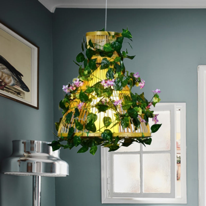 Green Cylinder/Cone/Oval Pendant Lighting Industrial Bamboo 1 Head Restaurant LED Hanging Light with Plant, 8"/14"/19" W Green 14" Clearhalo 'Ceiling Lights' 'Industrial Pendants' 'Industrial' 'Middle Century Pendants' 'Pendant Lights' 'Pendants' 'Tiffany' Lighting' 398135