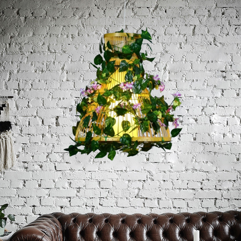 Green Cylinder/Cone/Oval Pendant Lighting Industrial Bamboo 1 Head Restaurant LED Hanging Light with Plant, 8"/14"/19" W Clearhalo 'Ceiling Lights' 'Industrial Pendants' 'Industrial' 'Middle Century Pendants' 'Pendant Lights' 'Pendants' 'Tiffany' Lighting' 398136