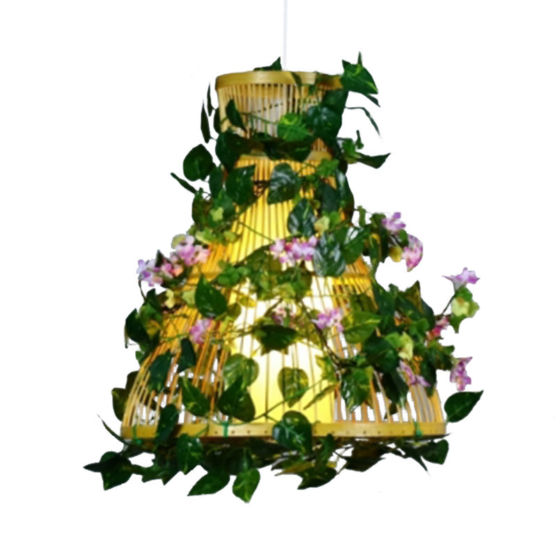 Green Cylinder/Cone/Oval Pendant Lighting Industrial Bamboo 1 Head Restaurant LED Hanging Light with Plant, 8"/14"/19" W Clearhalo 'Ceiling Lights' 'Industrial Pendants' 'Industrial' 'Middle Century Pendants' 'Pendant Lights' 'Pendants' 'Tiffany' Lighting' 398137