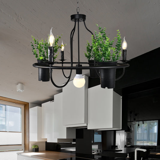 Candle Metal Chandelier Light Industrial 4/7 Bulbs Restaurant LED Hanging Lamp in Black with Plant 4 Black Clearhalo 'Cast Iron' 'Ceiling Lights' 'Chandeliers' 'Industrial Chandeliers' 'Industrial' 'Metal' 'Middle Century Chandeliers' 'Rustic Chandeliers' 'Tiffany' Lighting' 398147