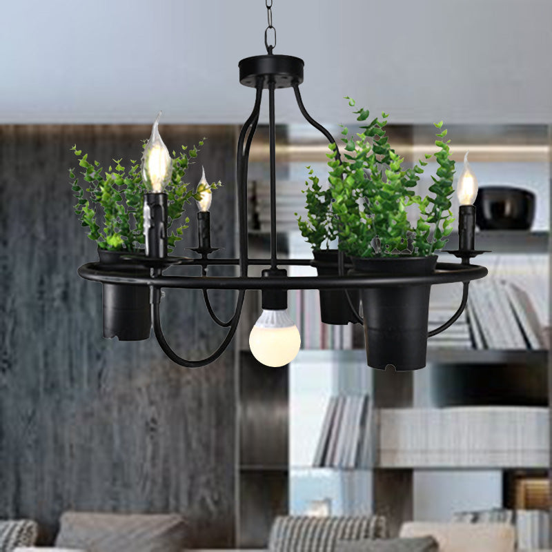 Candle Metal Chandelier Light Industrial 4/7 Bulbs Restaurant LED Hanging Lamp in Black with Plant Clearhalo 'Cast Iron' 'Ceiling Lights' 'Chandeliers' 'Industrial Chandeliers' 'Industrial' 'Metal' 'Middle Century Chandeliers' 'Rustic Chandeliers' 'Tiffany' Lighting' 398148