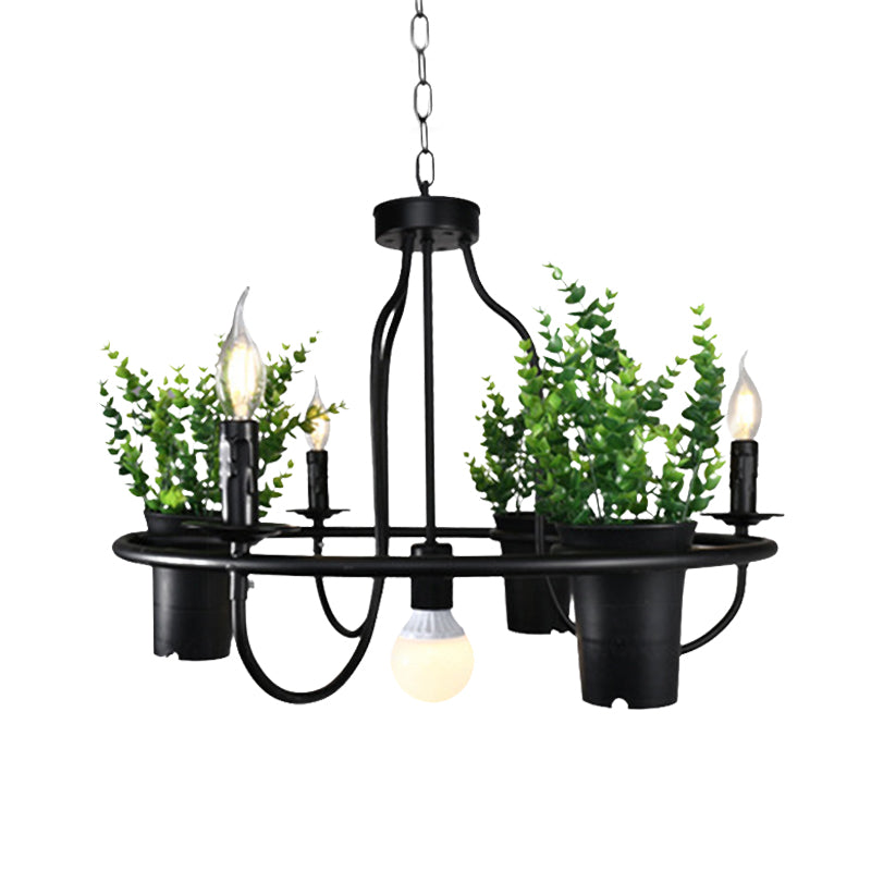 Candle Metal Chandelier Light Industrial 4/7 Bulbs Restaurant LED Hanging Lamp in Black with Plant Clearhalo 'Cast Iron' 'Ceiling Lights' 'Chandeliers' 'Industrial Chandeliers' 'Industrial' 'Metal' 'Middle Century Chandeliers' 'Rustic Chandeliers' 'Tiffany' Lighting' 398149