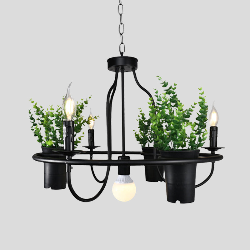 Candle Metal Chandelier Light Industrial 4/7 Bulbs Restaurant LED Hanging Lamp in Black with Plant Clearhalo 'Cast Iron' 'Ceiling Lights' 'Chandeliers' 'Industrial Chandeliers' 'Industrial' 'Metal' 'Middle Century Chandeliers' 'Rustic Chandeliers' 'Tiffany' Lighting' 398150