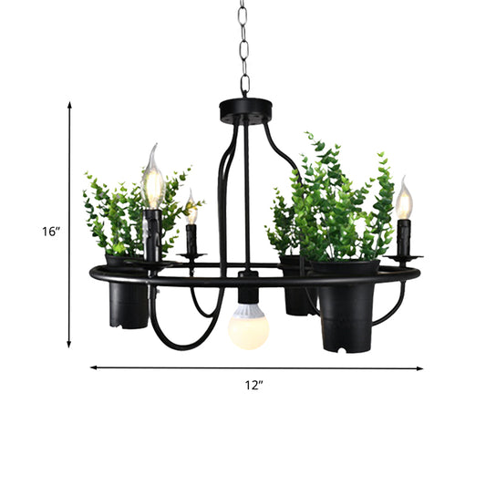Candle Metal Chandelier Light Industrial 4/7 Bulbs Restaurant LED Hanging Lamp in Black with Plant Clearhalo 'Cast Iron' 'Ceiling Lights' 'Chandeliers' 'Industrial Chandeliers' 'Industrial' 'Metal' 'Middle Century Chandeliers' 'Rustic Chandeliers' 'Tiffany' Lighting' 398151