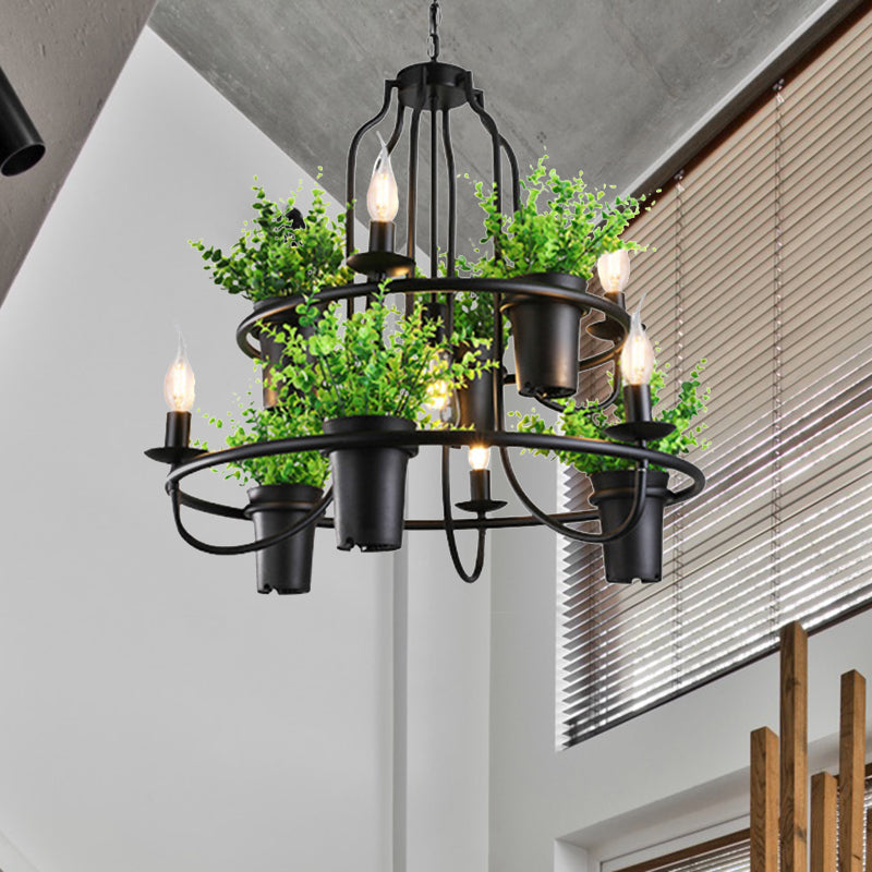 Candle Metal Chandelier Light Industrial 4/7 Bulbs Restaurant LED Hanging Lamp in Black with Plant 7 Black Clearhalo 'Cast Iron' 'Ceiling Lights' 'Chandeliers' 'Industrial Chandeliers' 'Industrial' 'Metal' 'Middle Century Chandeliers' 'Rustic Chandeliers' 'Tiffany' Lighting' 398152