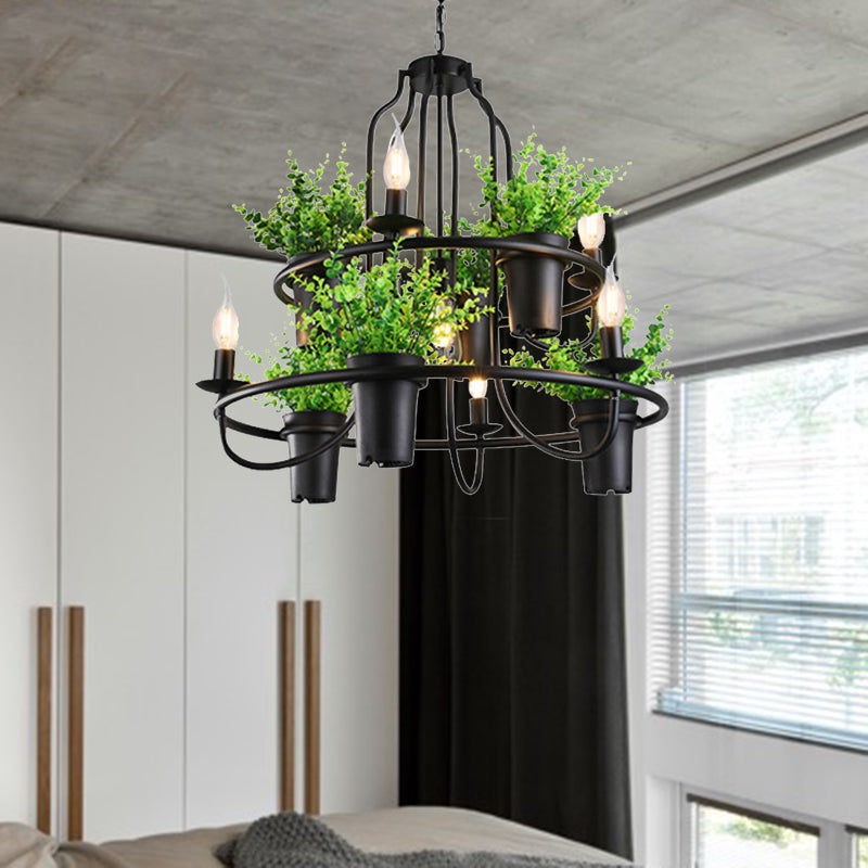 Candle Metal Chandelier Light Industrial 4/7 Bulbs Restaurant LED Hanging Lamp in Black with Plant Clearhalo 'Cast Iron' 'Ceiling Lights' 'Chandeliers' 'Industrial Chandeliers' 'Industrial' 'Metal' 'Middle Century Chandeliers' 'Rustic Chandeliers' 'Tiffany' Lighting' 398153
