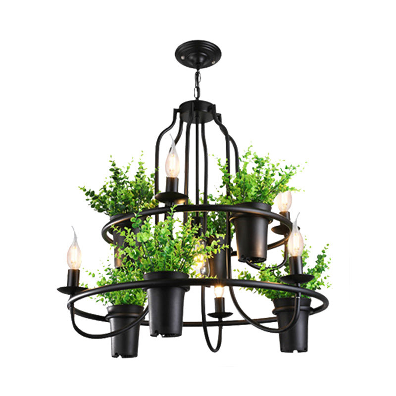 Candle Metal Chandelier Light Industrial 4/7 Bulbs Restaurant LED Hanging Lamp in Black with Plant Clearhalo 'Cast Iron' 'Ceiling Lights' 'Chandeliers' 'Industrial Chandeliers' 'Industrial' 'Metal' 'Middle Century Chandeliers' 'Rustic Chandeliers' 'Tiffany' Lighting' 398154