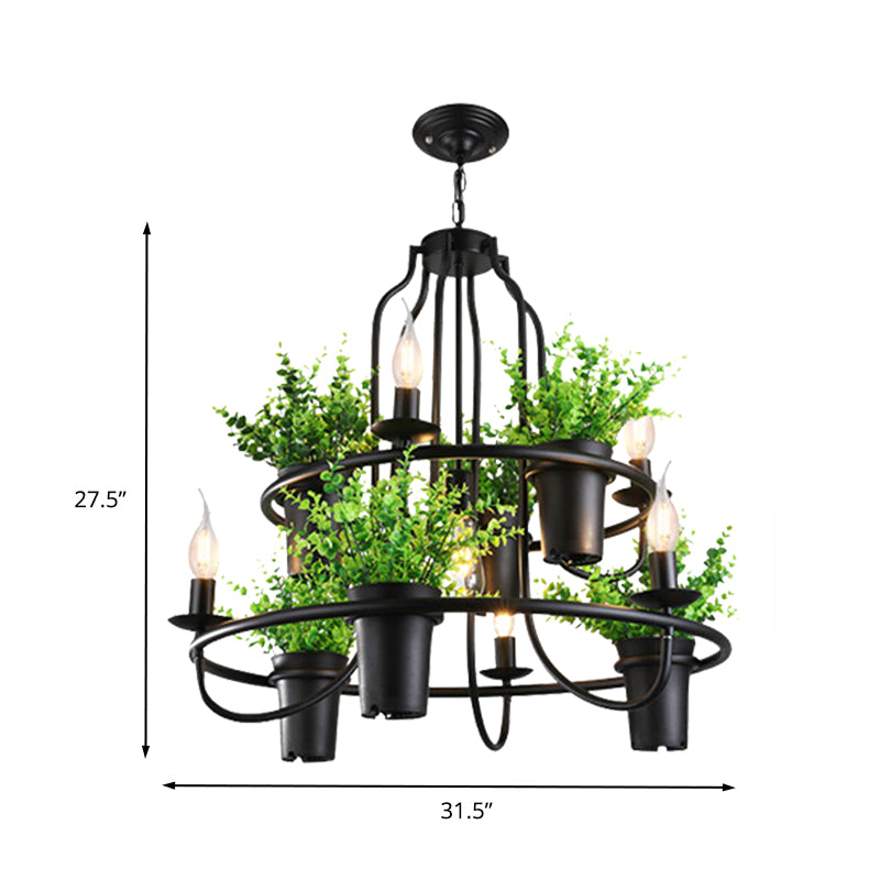 Candle Metal Chandelier Light Industrial 4/7 Bulbs Restaurant LED Hanging Lamp in Black with Plant Clearhalo 'Cast Iron' 'Ceiling Lights' 'Chandeliers' 'Industrial Chandeliers' 'Industrial' 'Metal' 'Middle Century Chandeliers' 'Rustic Chandeliers' 'Tiffany' Lighting' 398155